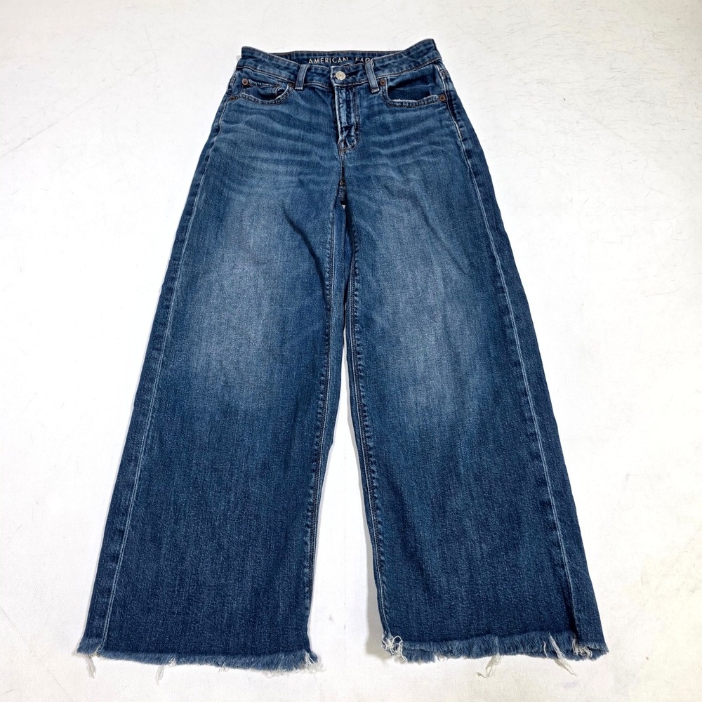 American Eagle Wide Leg Jeans Womens 000 Short Blue Raw Hem Stretch High Rise